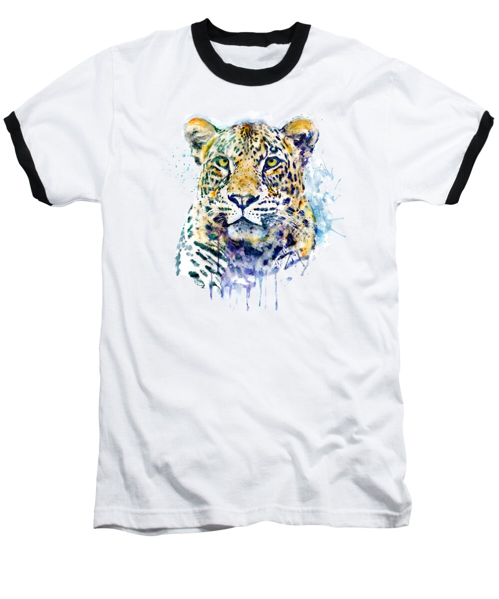 Marian Voicu Baseball T-Shirt featuring the painting Leopard Head watercolor by Marian Voicu