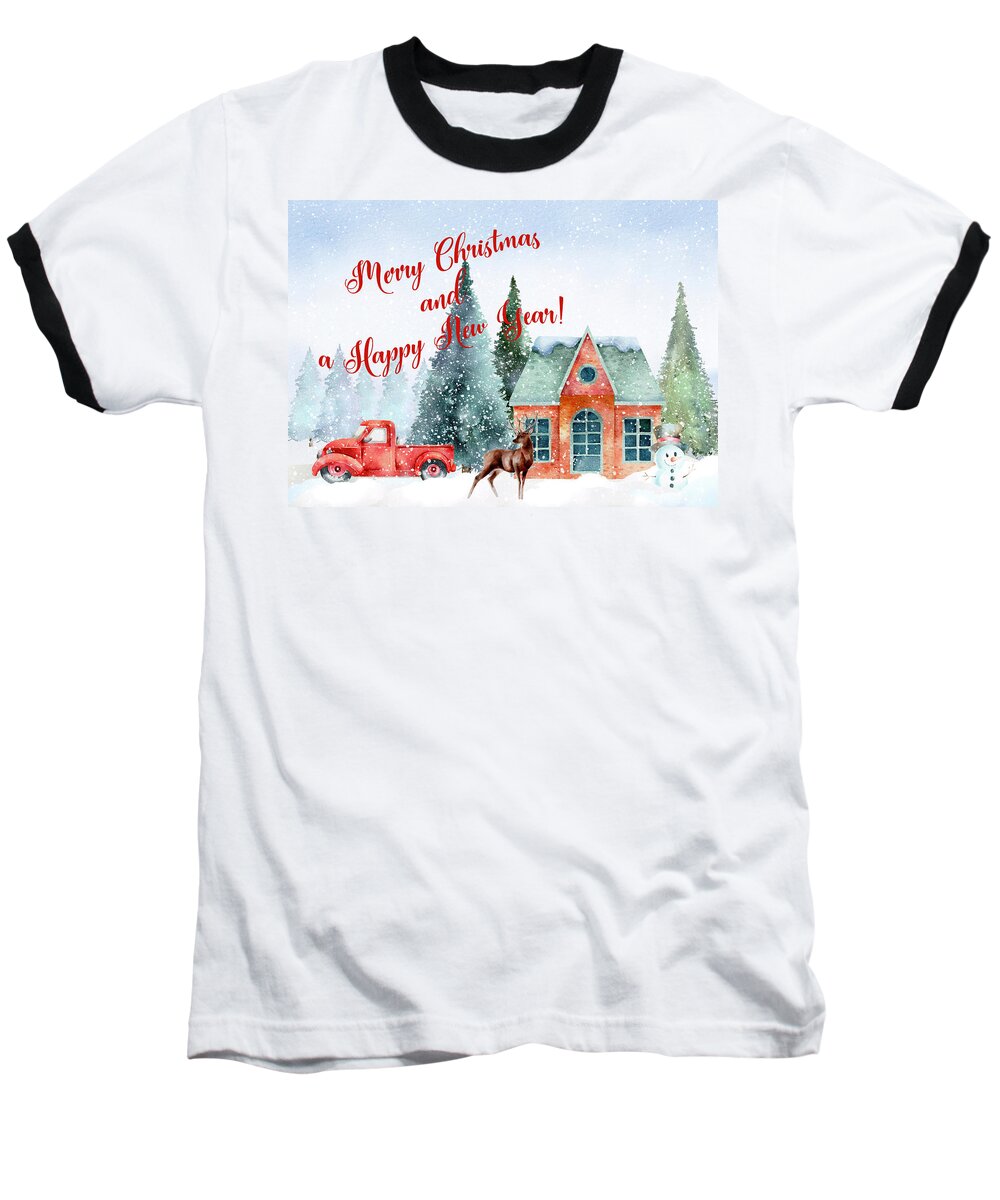 Christmas Baseball T-Shirt featuring the mixed media Merry Christmas And A Happy New Year by Johanna Hurmerinta