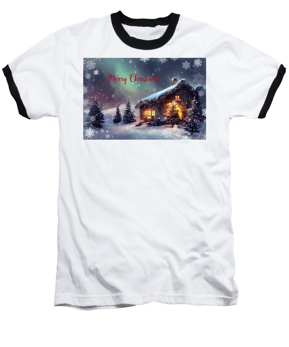 Christmas Baseball T-Shirt featuring the mixed media Merry Christmas Winter Landscape by Johanna Hurmerinta