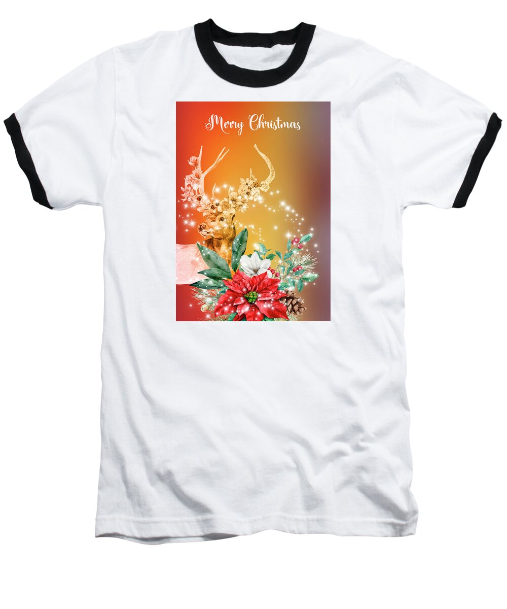Christmas Baseball T-Shirt featuring the mixed media Merry Christmas With A Deer Stars And Flowers by Johanna Hurmerinta