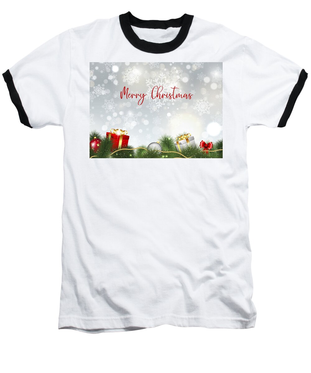 Christmas Baseball T-Shirt featuring the digital art Merry Christmas With Gifts And Decoration by Johanna Hurmerinta