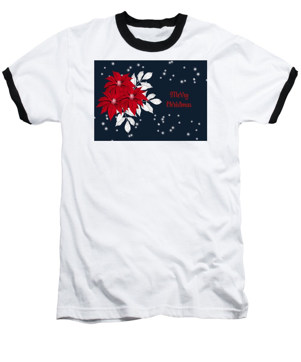 Poinsettia Baseball T-Shirt featuring the mixed media Merry Christmas With Poinsettias And Stars On Blue by Johanna Hurmerinta