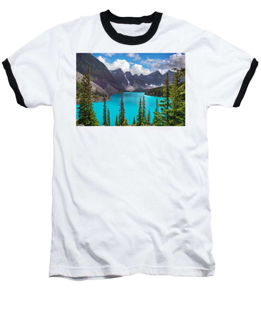 Moraine Baseball T-Shirt featuring the photograph Moraine lake, Banff National Park by Delphimages Photo Creations