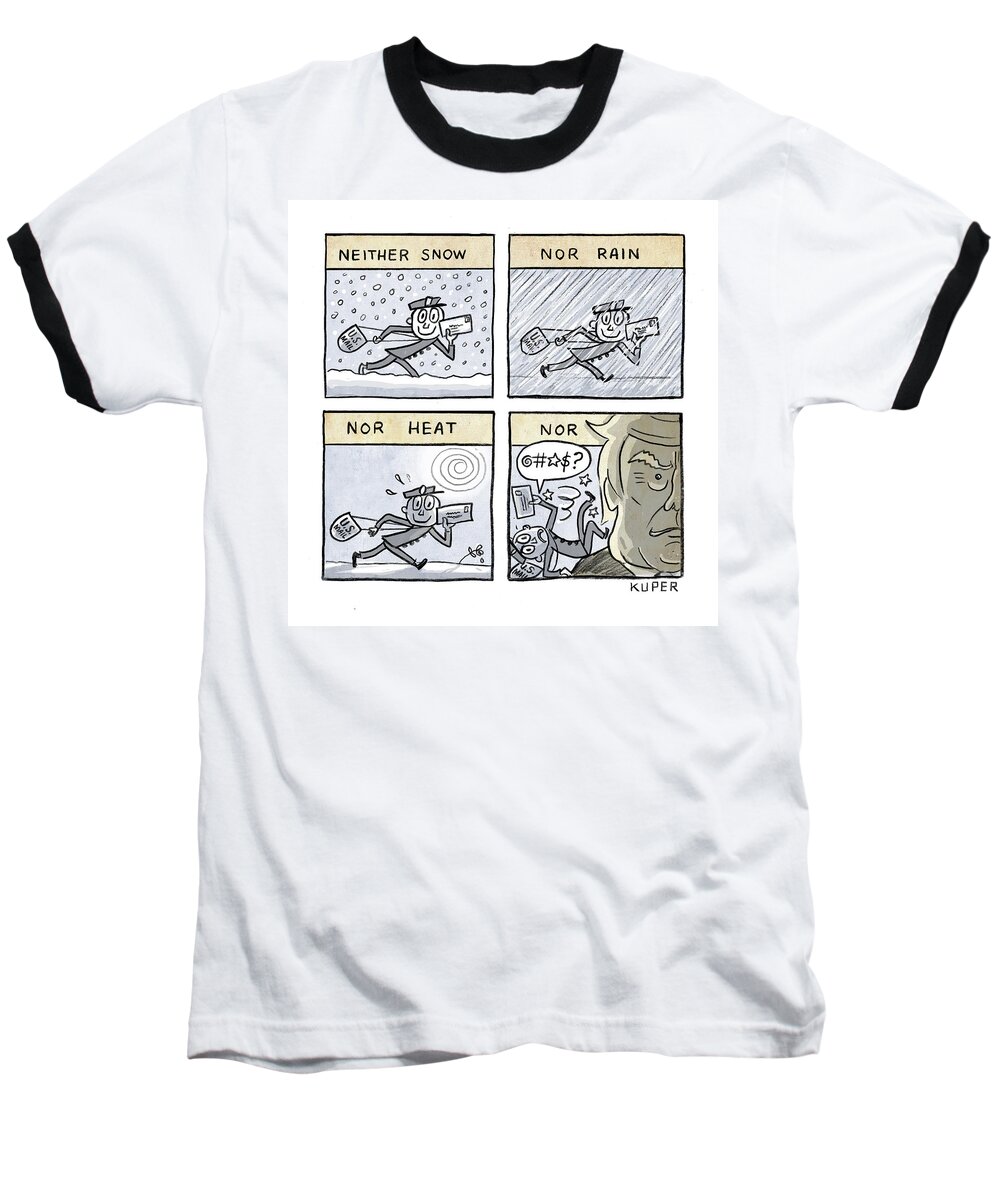 Captionless Baseball T-Shirt featuring the drawing Neither Snow Nor Rain by Peter Kuper