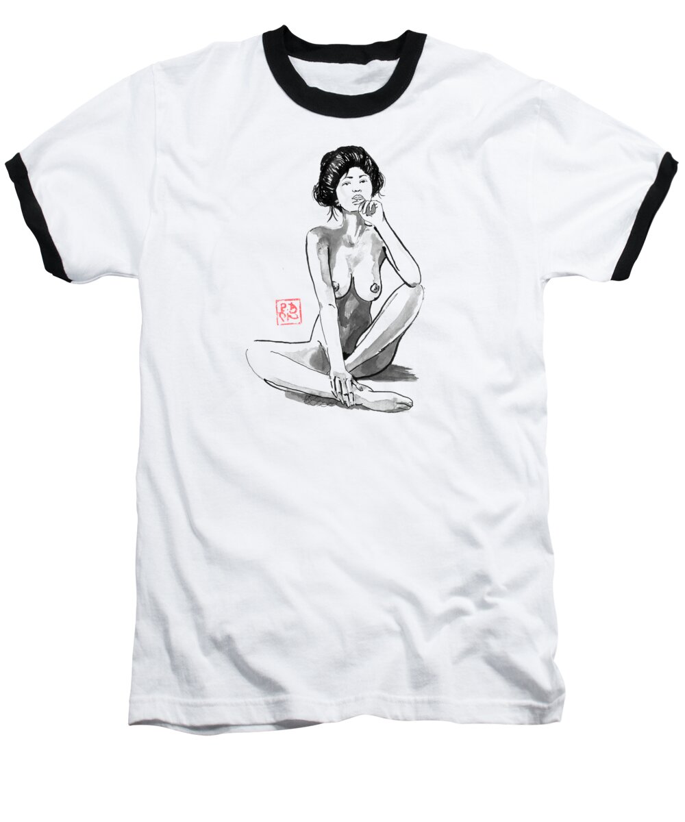 Sumie Baseball T-Shirt featuring the drawing Nude Geisha Thinking by Pechane Sumie