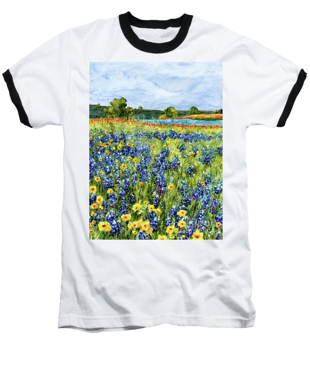 Bluebonnet Baseball T-Shirt featuring the painting Painted Hills - Bluebonnets and Coreopsis 2 by Hailey E Herrera