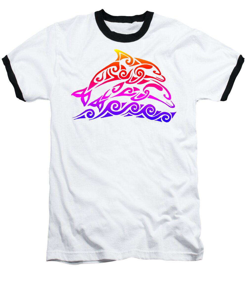 Dolphin Baseball T-Shirt featuring the mixed media Rainbow Tribal Dolphins by Rebecca Wang