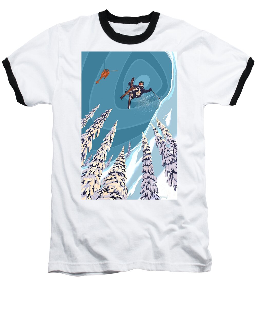 Retro Ski Art Baseball T-Shirt featuring the painting Retro Ski Jumper Heli Ski by Sassan Filsoof
