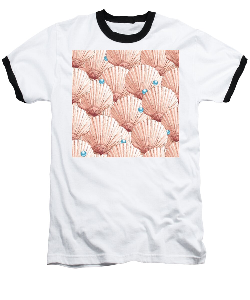 Seashells Baseball T-Shirt featuring the digital art Seashells Pearl Treasure - Soft Coral and Aqua Blue by L Diane Johnson