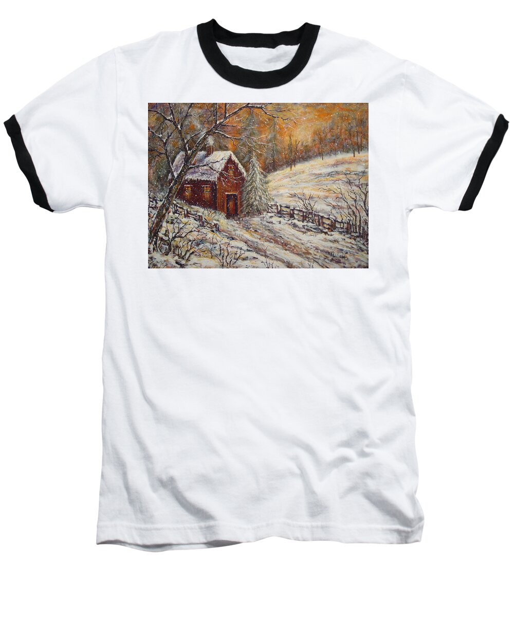 Landscape Baseball T-Shirt featuring the painting Snowy Sunset by Natalie Holland