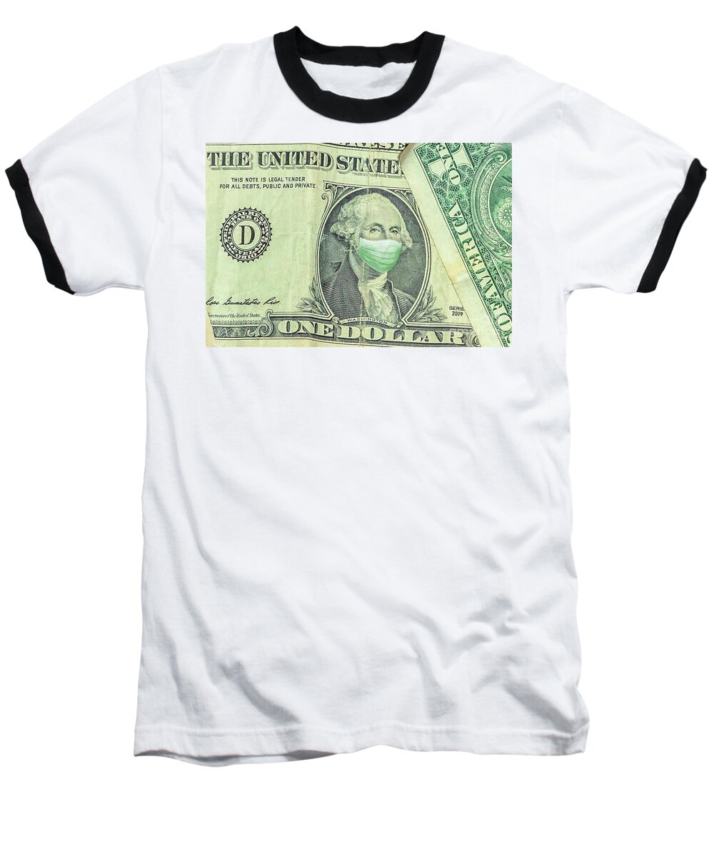 Mask Baseball T-Shirt featuring the photograph Surgical mask on George Washington one American dollar by Benny Marty