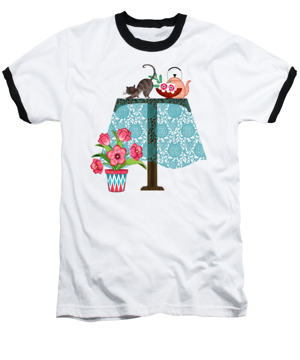 Letter Baseball T-Shirt featuring the digital art T is for Table, Tabby, and Tea Kettle by Valerie Drake Lesiak