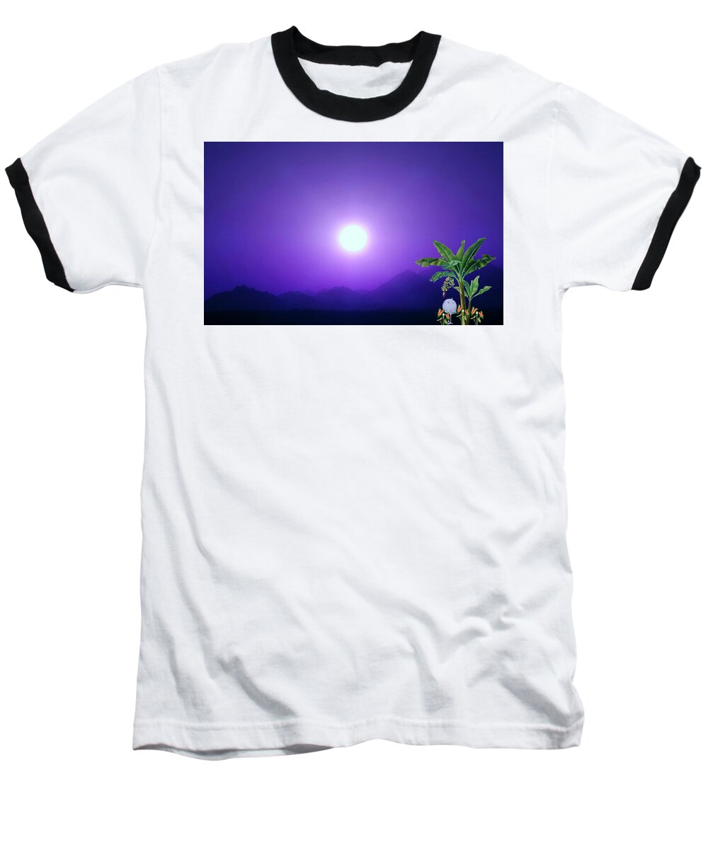 Sunset Baseball T-Shirt featuring the mixed media The Spring Chick Travels To Africa by Johanna Hurmerinta