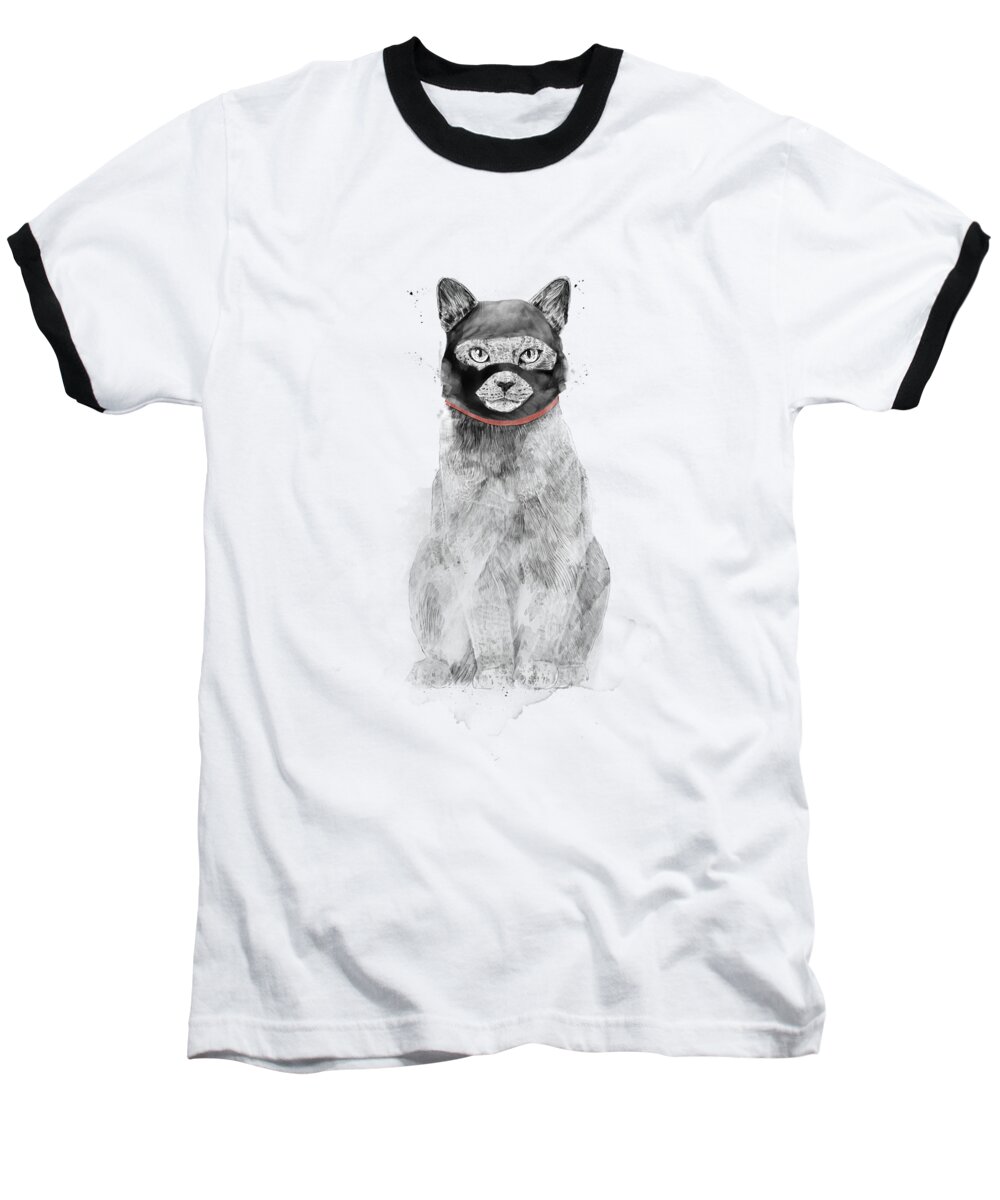 Cat Baseball T-Shirt featuring the drawing Masked cat by Balazs Solti