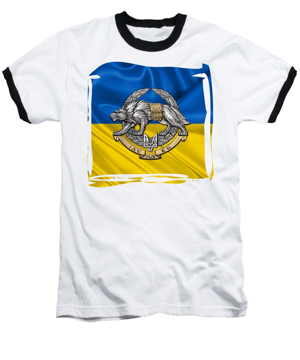 'military Insignia & Heraldry’ Collection By Serge Averbukh Baseball T-Shirt featuring the digital art Ukrainian Special Operations Forces - SSO Emblem over Ukrainian Colors by Serge Averbukh