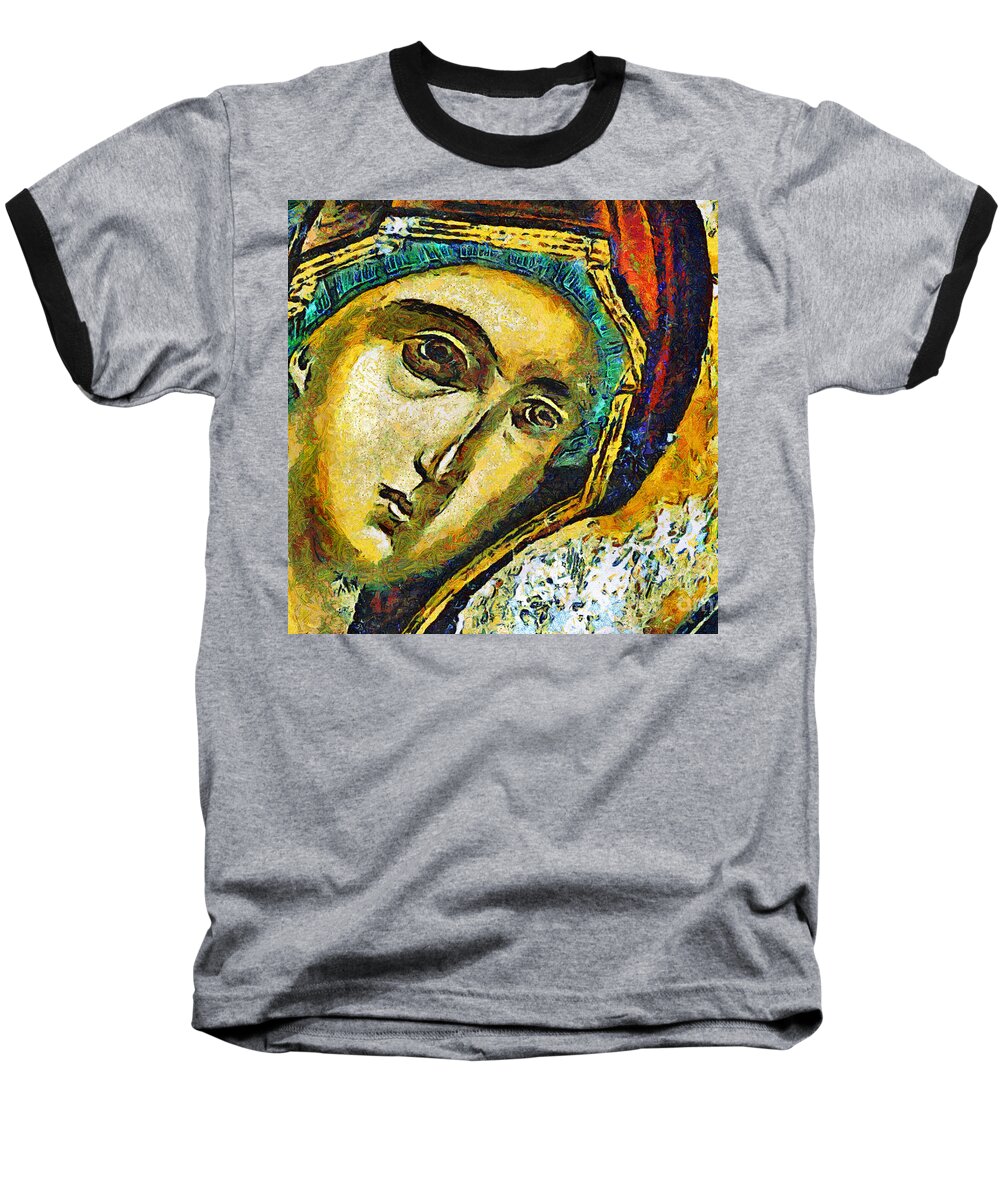 Virgin Mary Baseball T-Shirt featuring the painting Blessed Virgin Mary - painting by Daliana Pacuraru