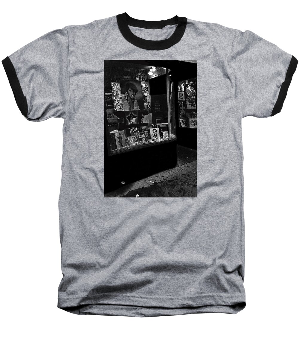 August 16 1977 Night Of Elvis Presley's Death Recordland Portland Maine Music Store Art Deco Facade Black And White Baseball T-Shirt featuring the photograph Window display night of Elvis Presley's death Recordland Portland Maine 1977 #2 by David Lee Guss