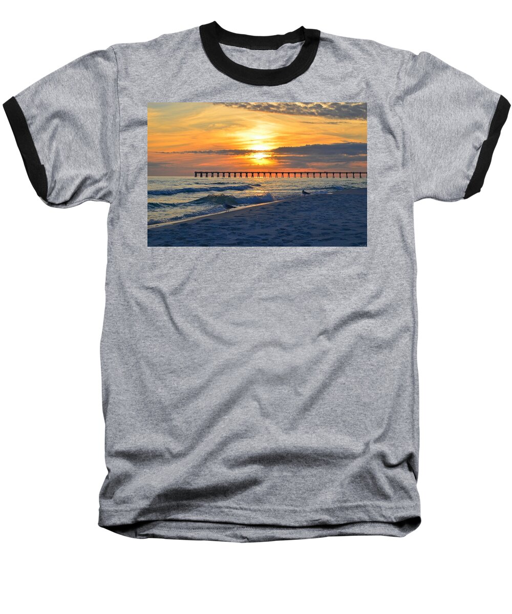 20120108 Baseball T-Shirt featuring the photograph 0108 Sunset Colors over Navarre Pier on Navarre Beach with Gulls by Jeff at JSJ Photography