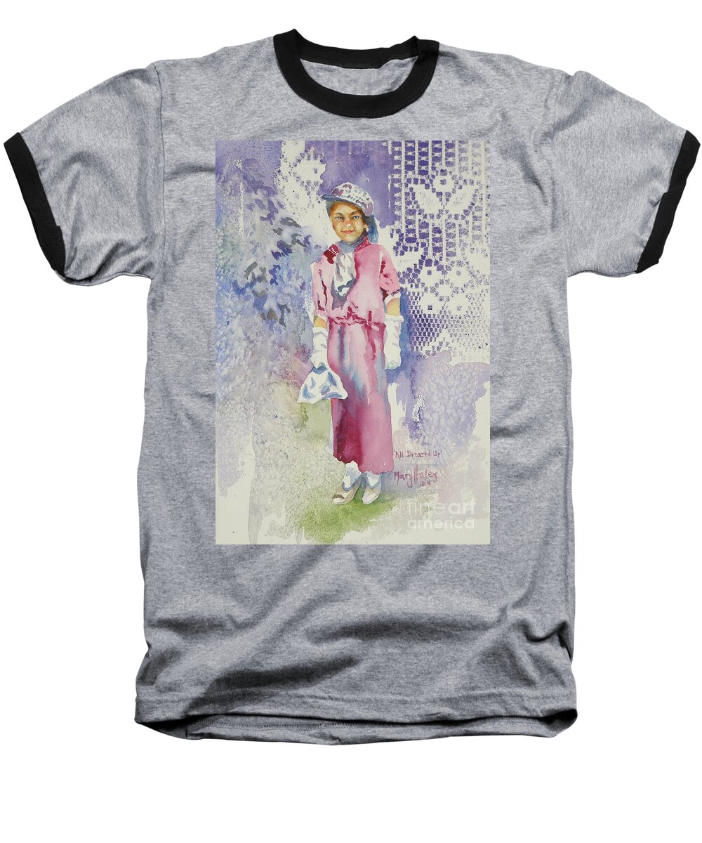 Girl Baseball T-Shirt featuring the painting All Dressed UP #1 by Mary Haley-Rocks