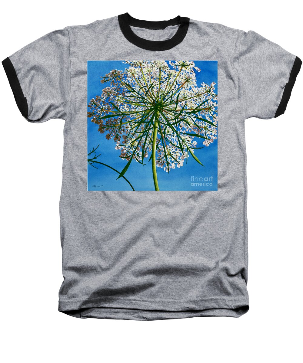 Flower Baseball T-Shirt featuring the painting Beneath Queen Anne's Lace by Barbara Jewell