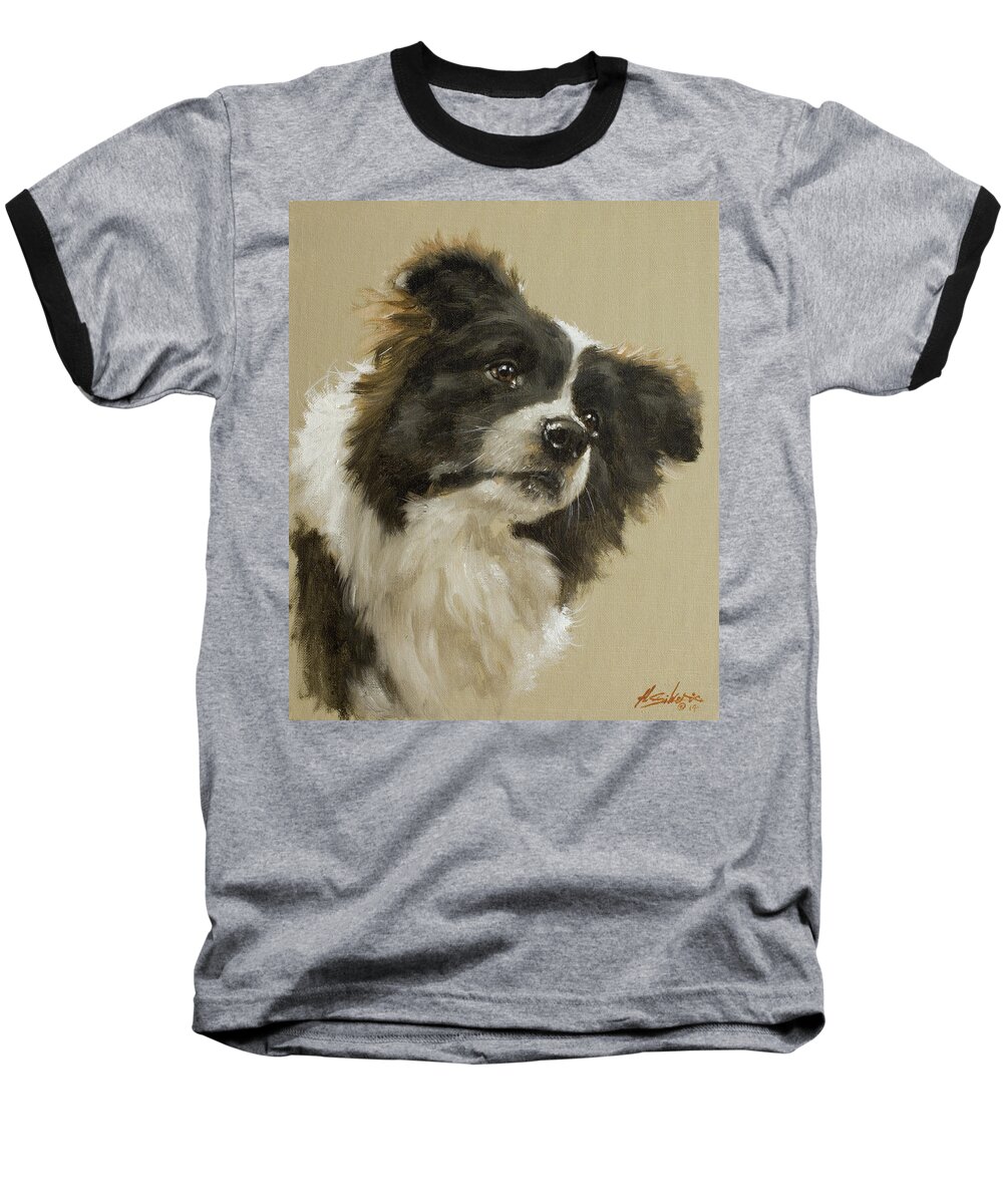 Border Collie Baseball T-Shirt featuring the painting Border Collie portrait VI #1 by John Silver