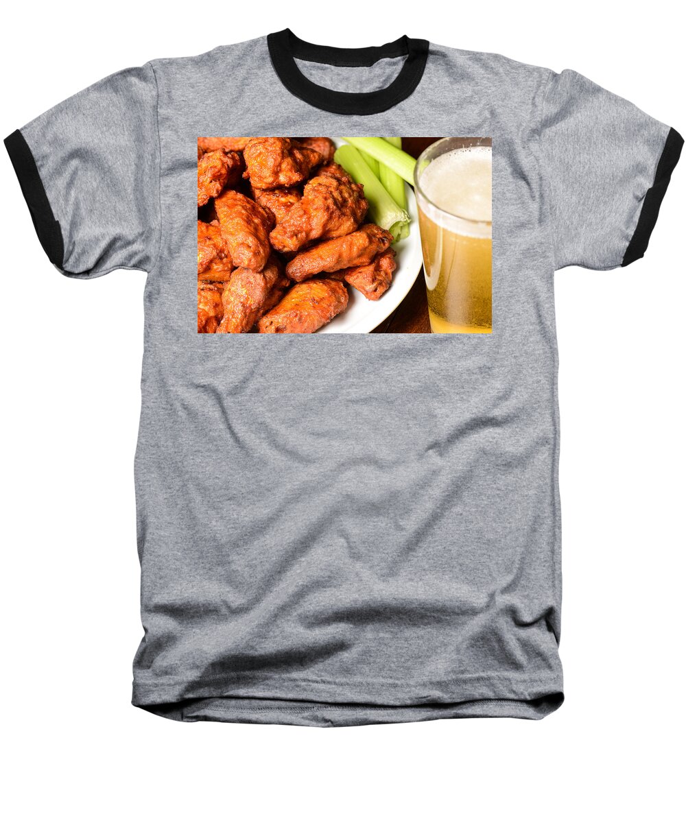 Beer Baseball T-Shirt featuring the photograph Buffalo Wings with Celery Sticks and Beer #1 by Brandon Bourdages