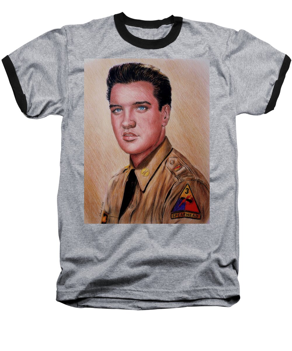 Elvis Presley Baseball T-Shirt featuring the drawing G I Elvis #1 by Andrew Read