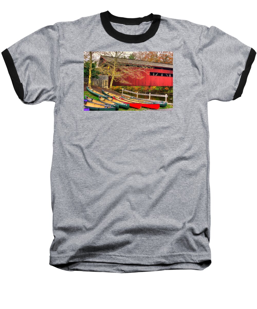 Bowmansdale Covered Bridge Baseball T-Shirt featuring the photograph Pennsylvania Country Roads - Bowmansdale - Stoner Covered Bridge Over Yellow Breeches Creek - Autumn #2 by Michael Mazaika