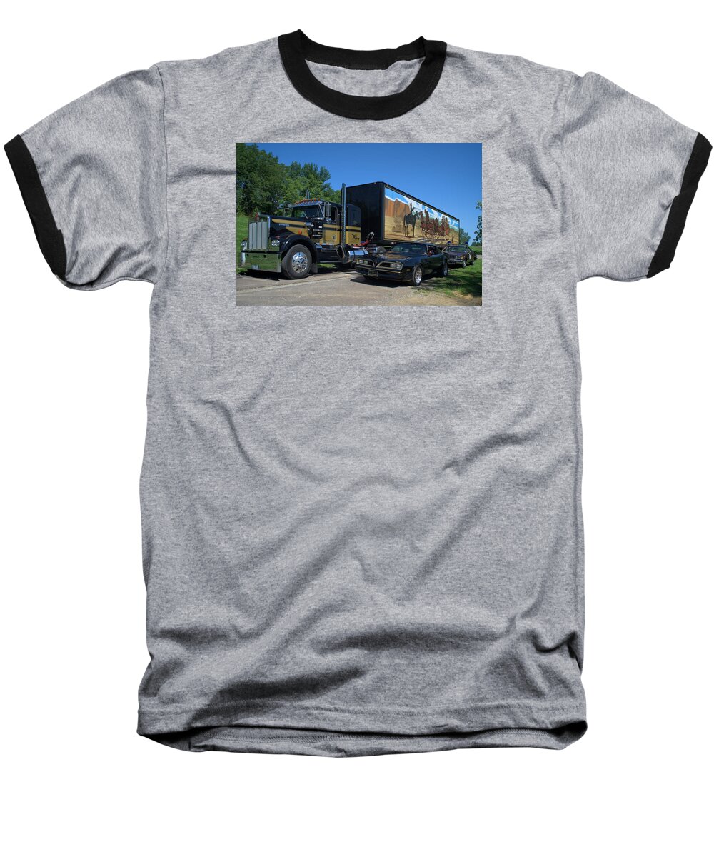 Kenworth Baseball T-Shirt featuring the photograph Smokey and the Bandit Tribute 1973 Kenworth Semi Truck and the Bandit by Tim McCullough