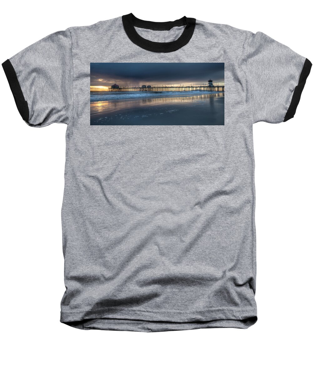 Huntington Beach Baseball T-Shirt featuring the photograph Approaching Storm Huntington Beach Pier by Cliff Wassmann