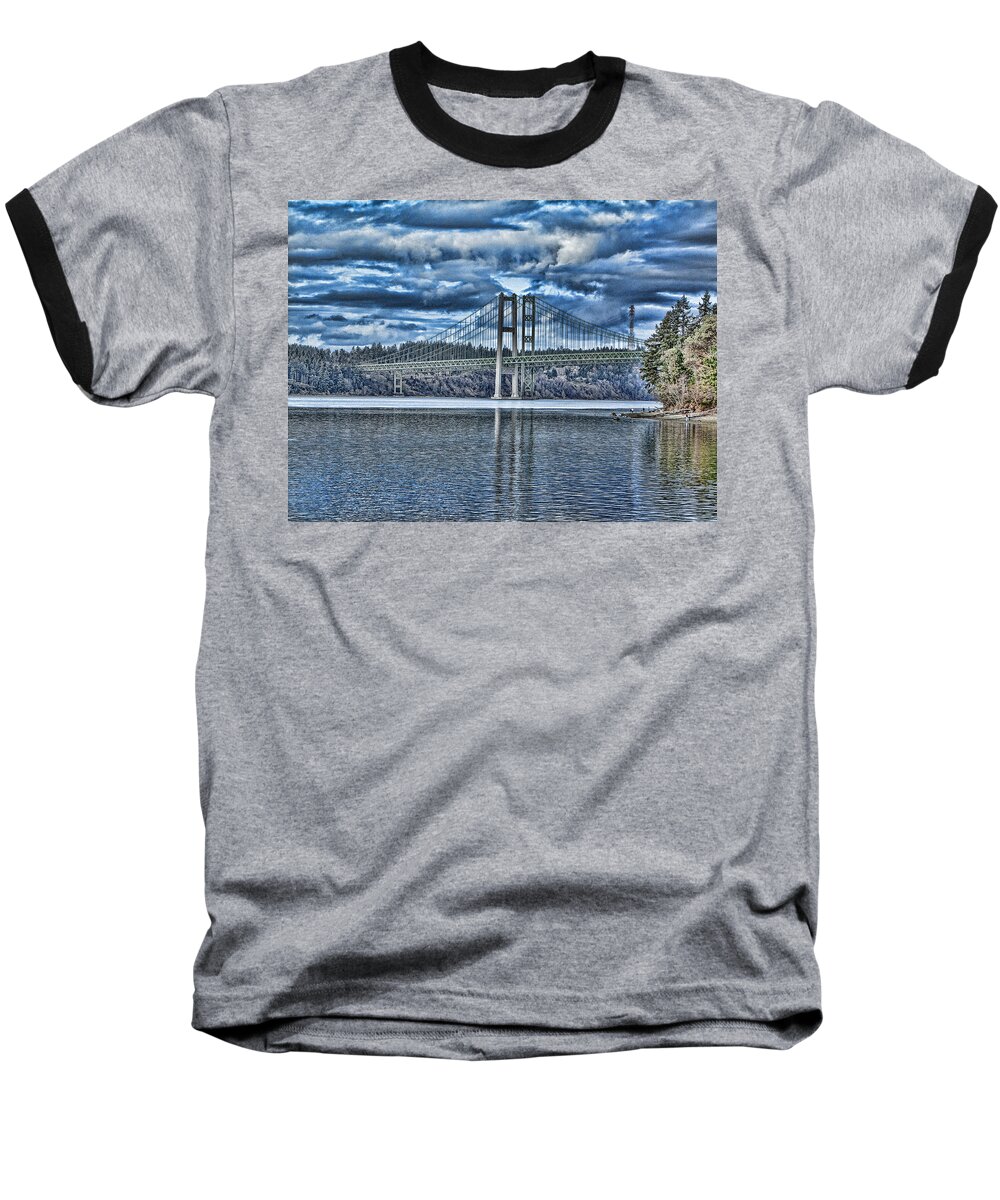 Tacoma Baseball T-Shirt featuring the photograph Tacoma Narrows Bridge by Ron Roberts