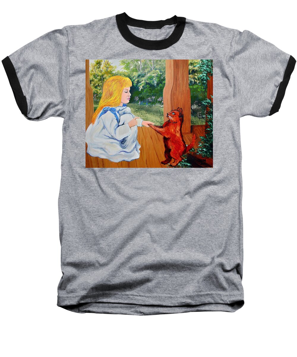 Girl And Kitten Baseball T-Shirt featuring the painting The Dance Lesson #1 by Karon Melillo DeVega