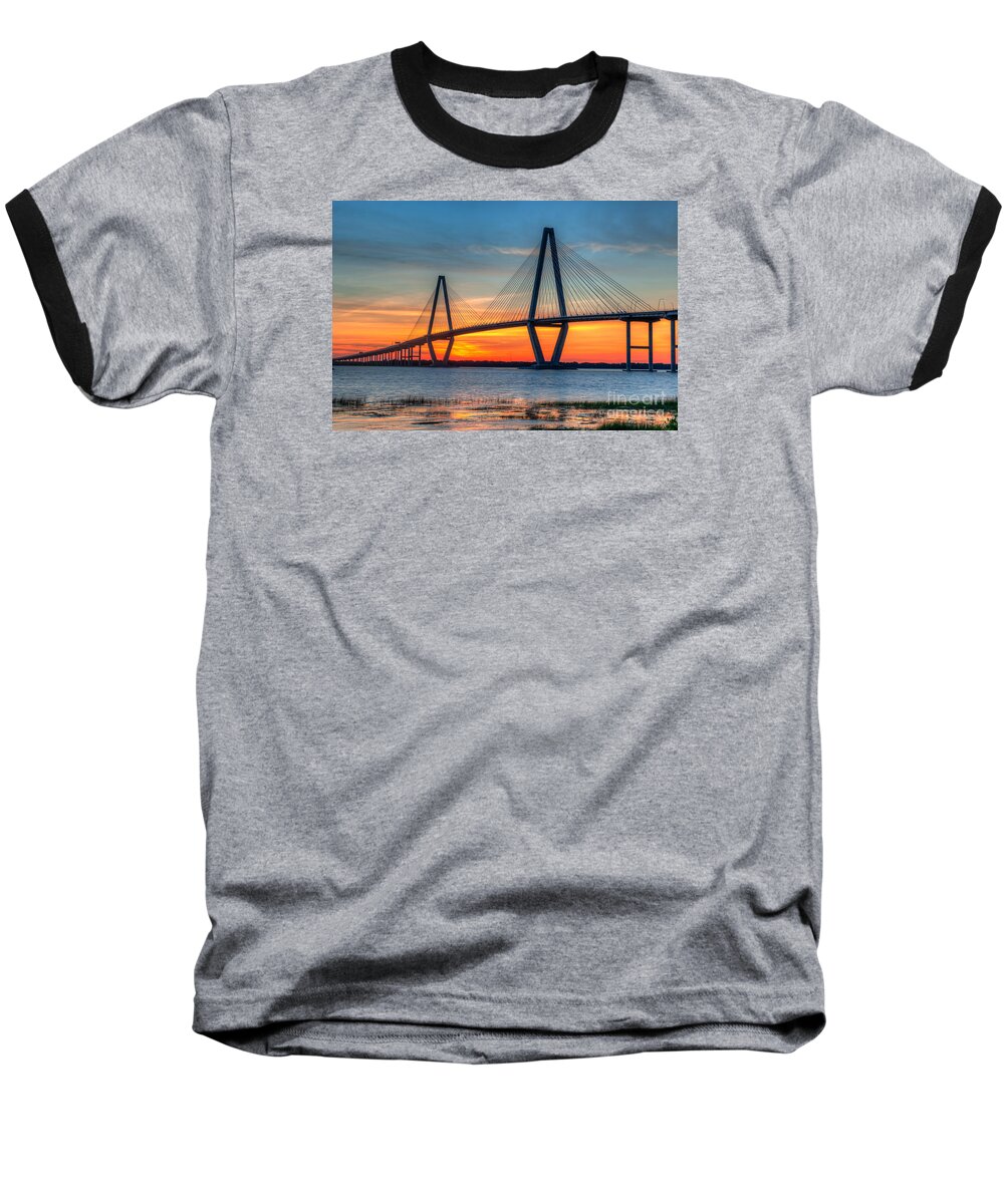 Arthur Ravenel Jr Bridge Baseball T-Shirt featuring the photograph Twilight over Ravenel by Dale Powell