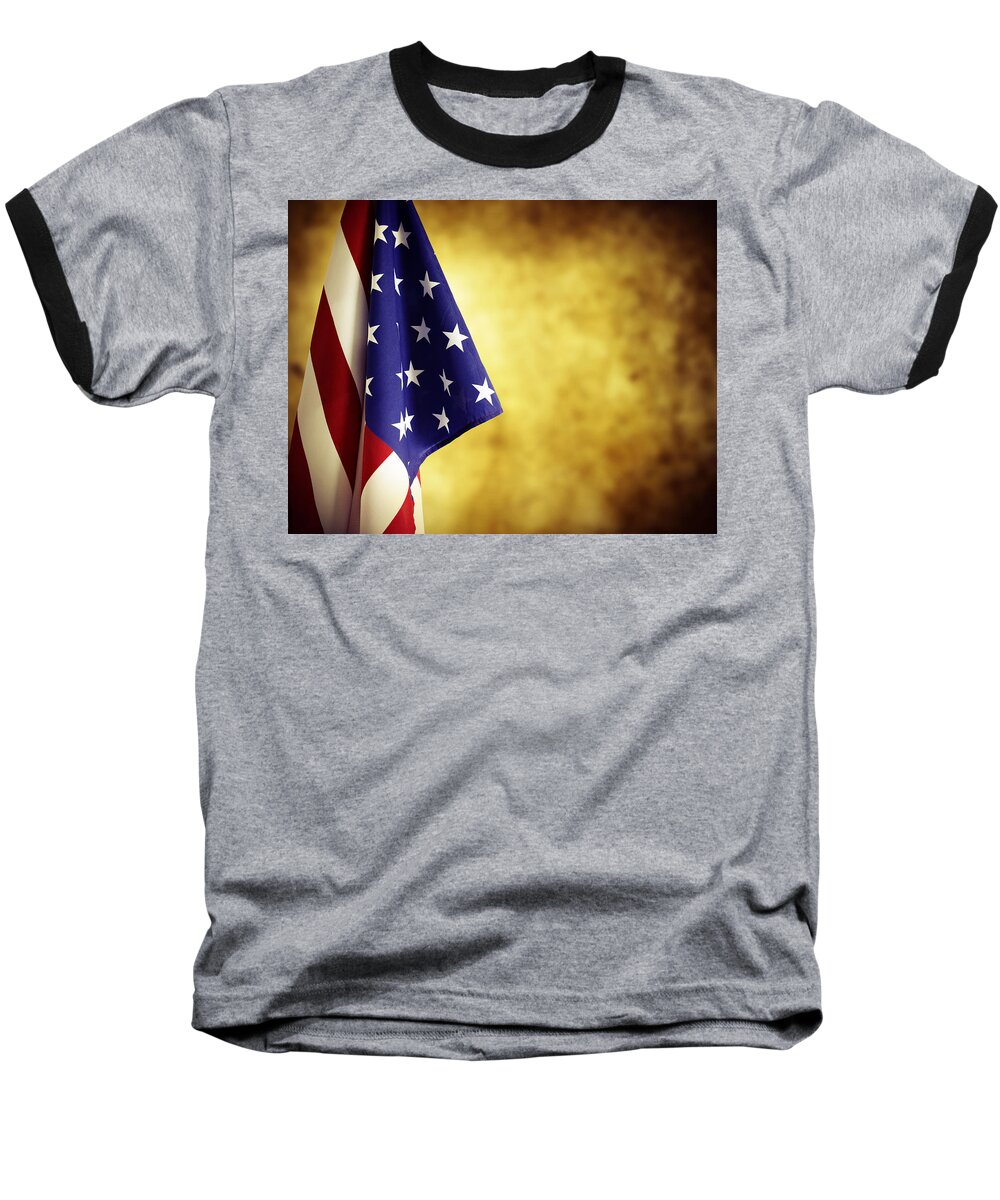 Government Baseball T-Shirt featuring the photograph American flag No.236 by Les Cunliffe