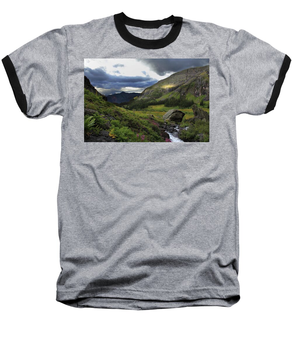 Colorado Baseball T-Shirt featuring the photograph Cascade in lower Ice Lake Basin #2 by Alan Vance Ley