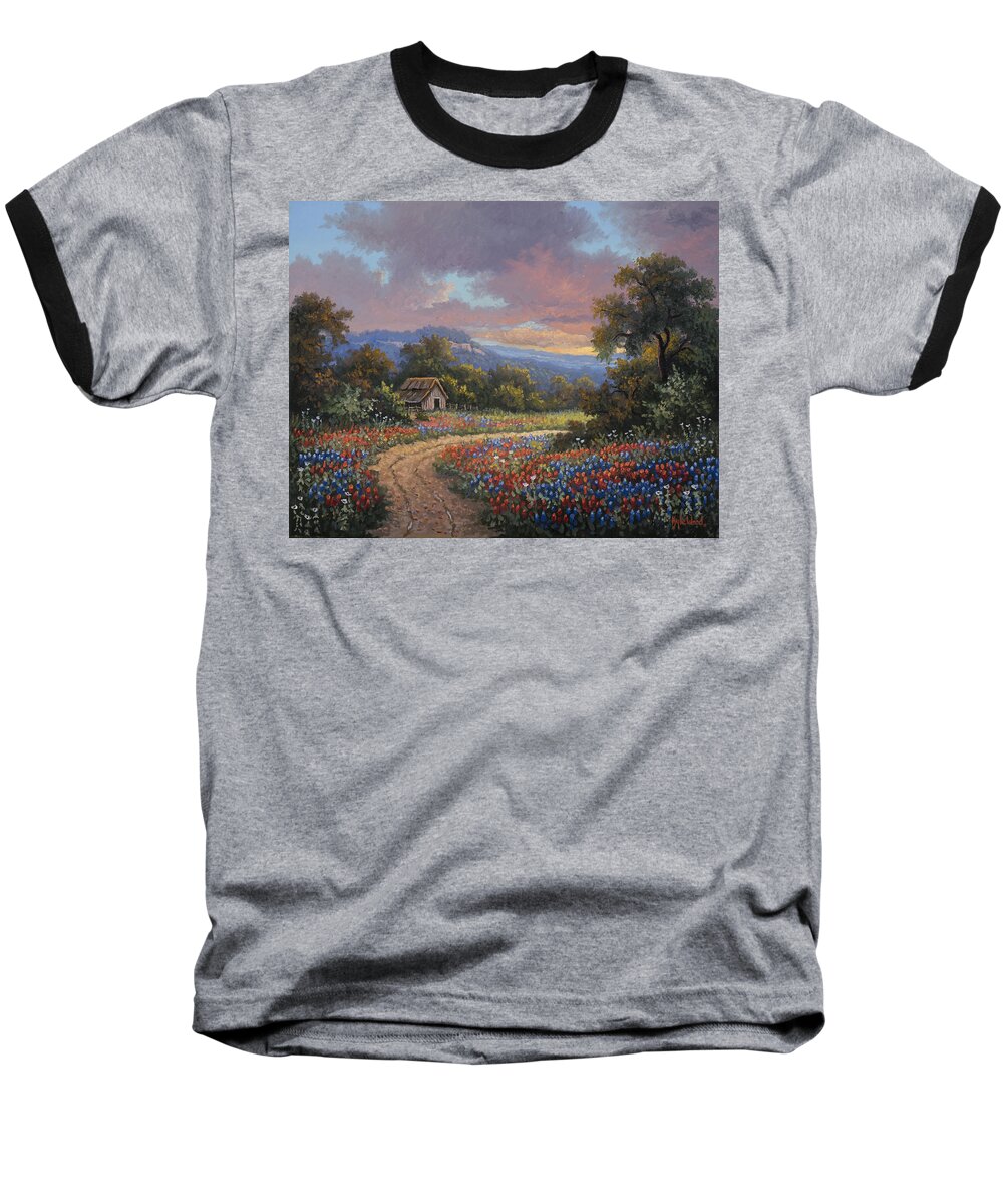 Texas Bluebonnets Baseball T-Shirt featuring the painting Evening Medley #2 by Kyle Wood