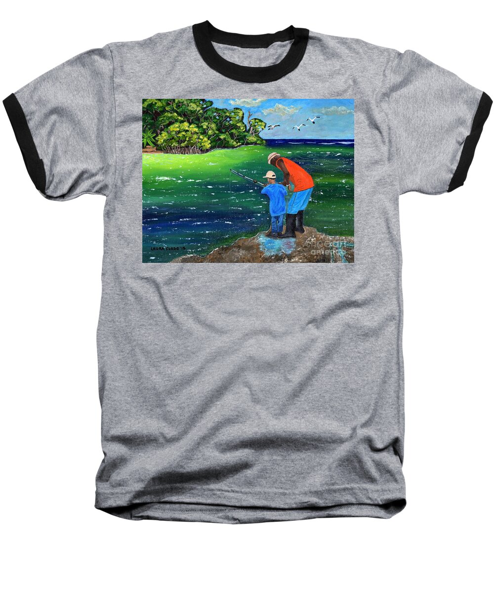 Seascape Baseball T-Shirt featuring the painting Fishing Buddies by Laura Forde