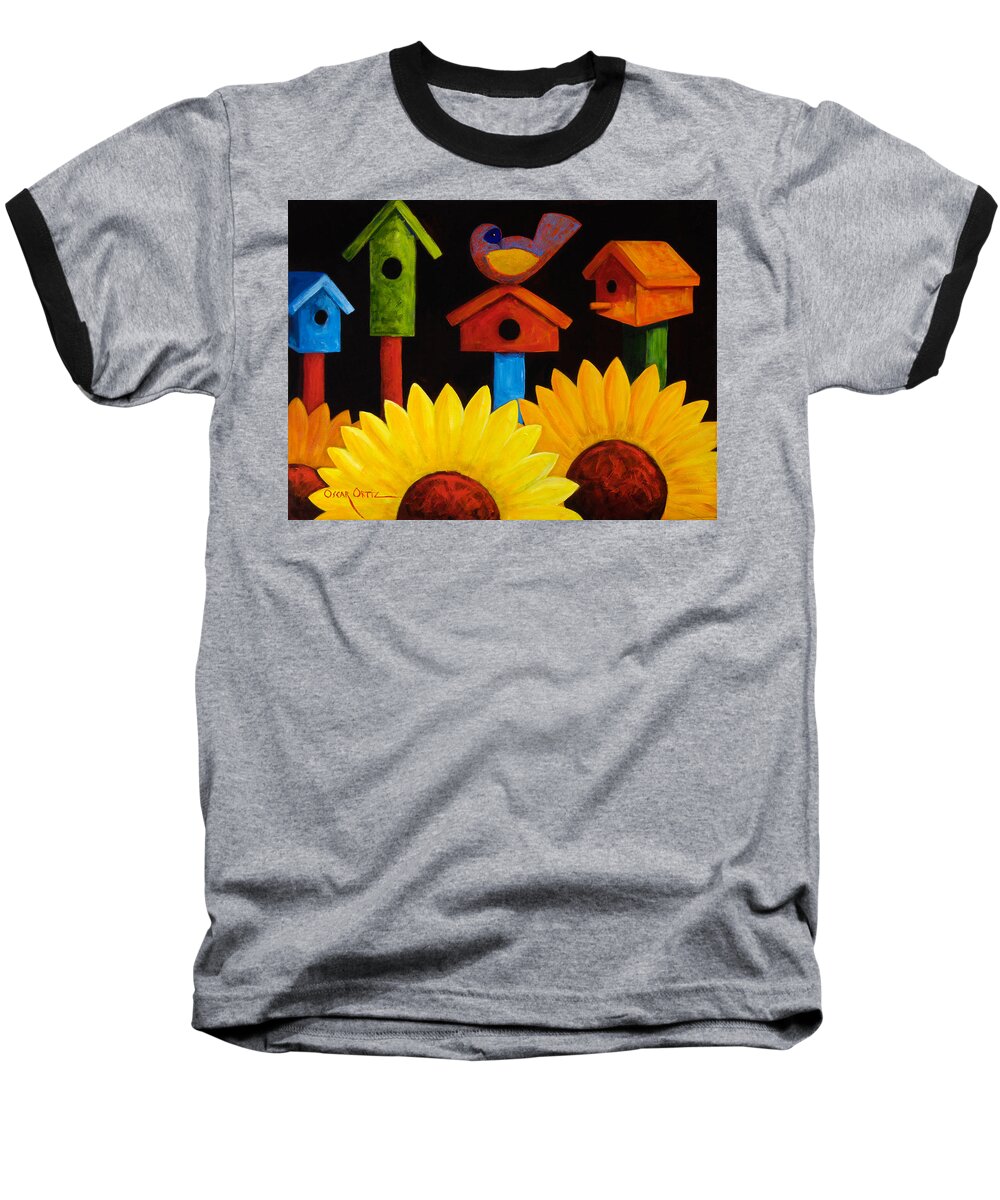 Birds Baseball T-Shirt featuring the painting Midnight Garden by Oscar Ortiz