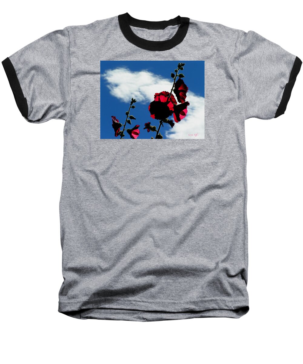 Red White Blue Hollyhock Flowers Nature Sky Clouds Colorado Rockymountains Simple Baseball T-Shirt featuring the photograph Red white and blue #1 by George Tuffy