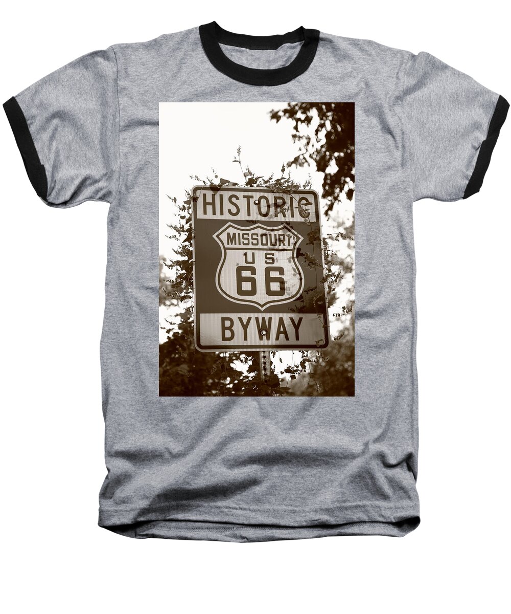 66 Baseball T-Shirt featuring the photograph Route 66 Shield in Missouri 2010 Sepia by Frank Romeo