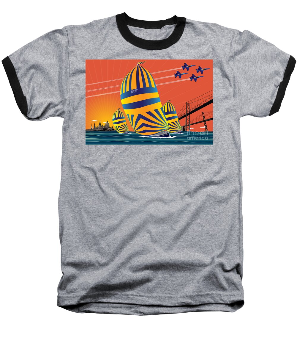 Navy 44s Baseball T-Shirt featuring the digital art USNA Sunset Sail #4 by Joe Barsin