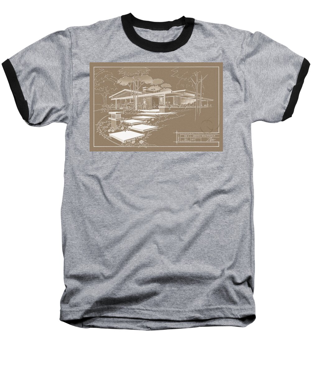 Mid Century Baseball T-Shirt featuring the drawing 301 Cypress Drive - Sepia by Larry Hunter