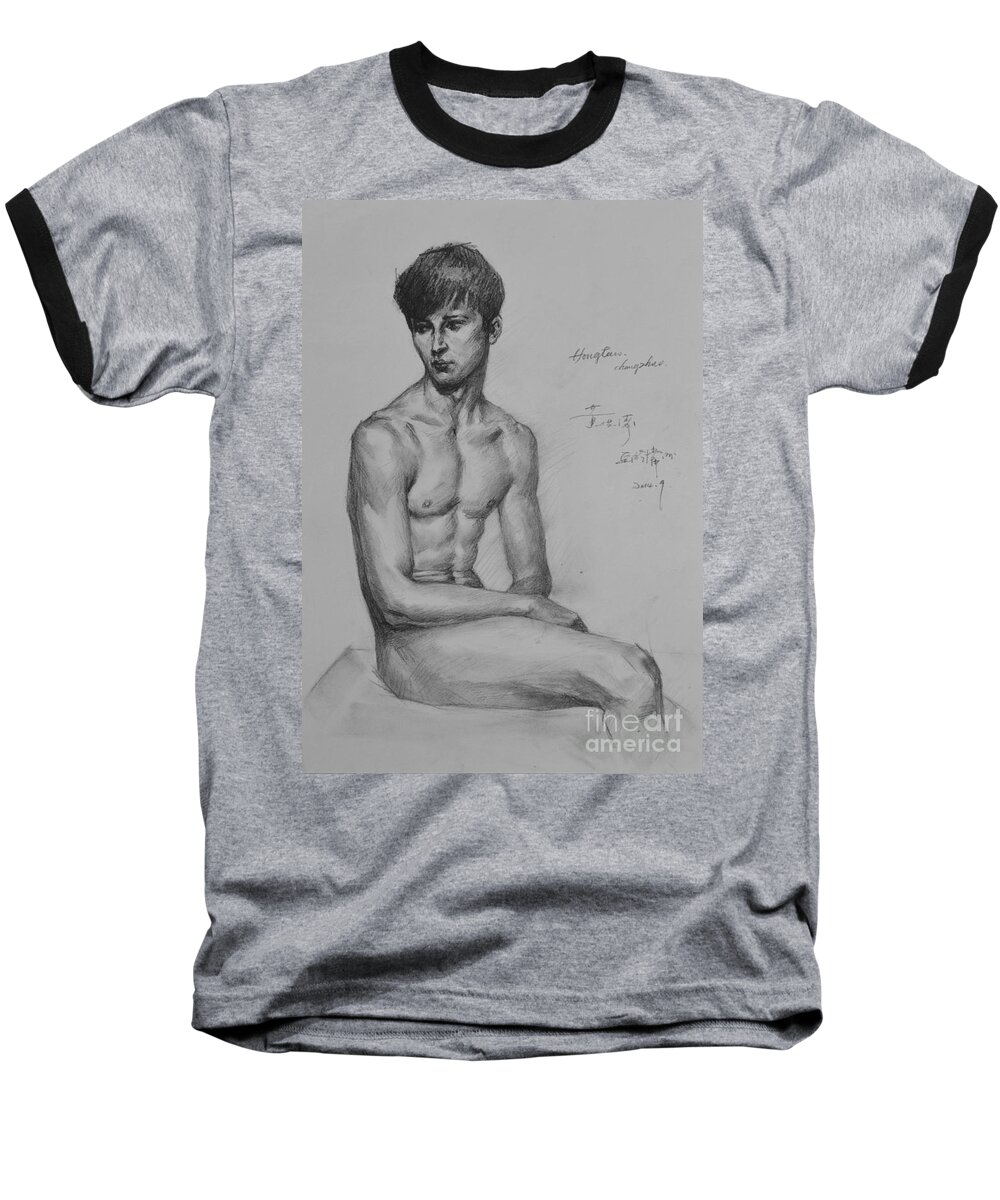Original Art Baseball T-Shirt featuring the painting Original Drawing Sketch Charcoal Chalk Male Nude Gay Man Art Pencil On Paper By Hongtao #3 by Hongtao Huang