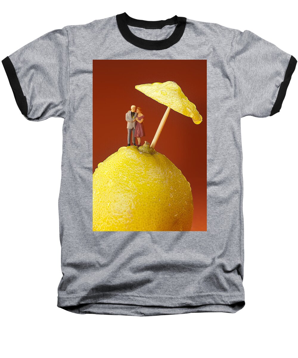 Lemon Baseball T-Shirt featuring the painting A couple in lemon rain little people on food by Paul Ge