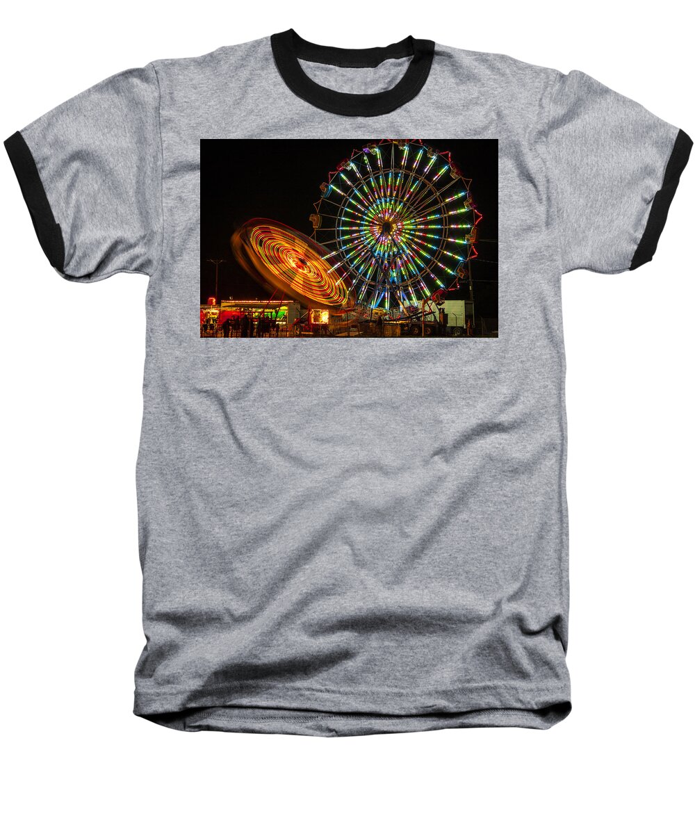 Colorful Carnival Ferris Wheel Ride At Night Prints Baseball T-Shirt featuring the photograph Colorful Carnival Ferris Wheel Ride at Night by Jerry Cowart