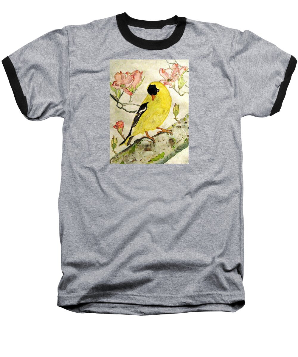 North American Goldfinch Baseball T-Shirt featuring the painting A Goldfinch Spring by Angela Davies