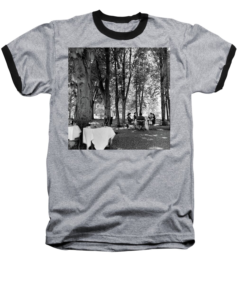 Food Baseball T-Shirt featuring the photograph A Group Of People Eating Lunch Under Trees by Luis Lemus