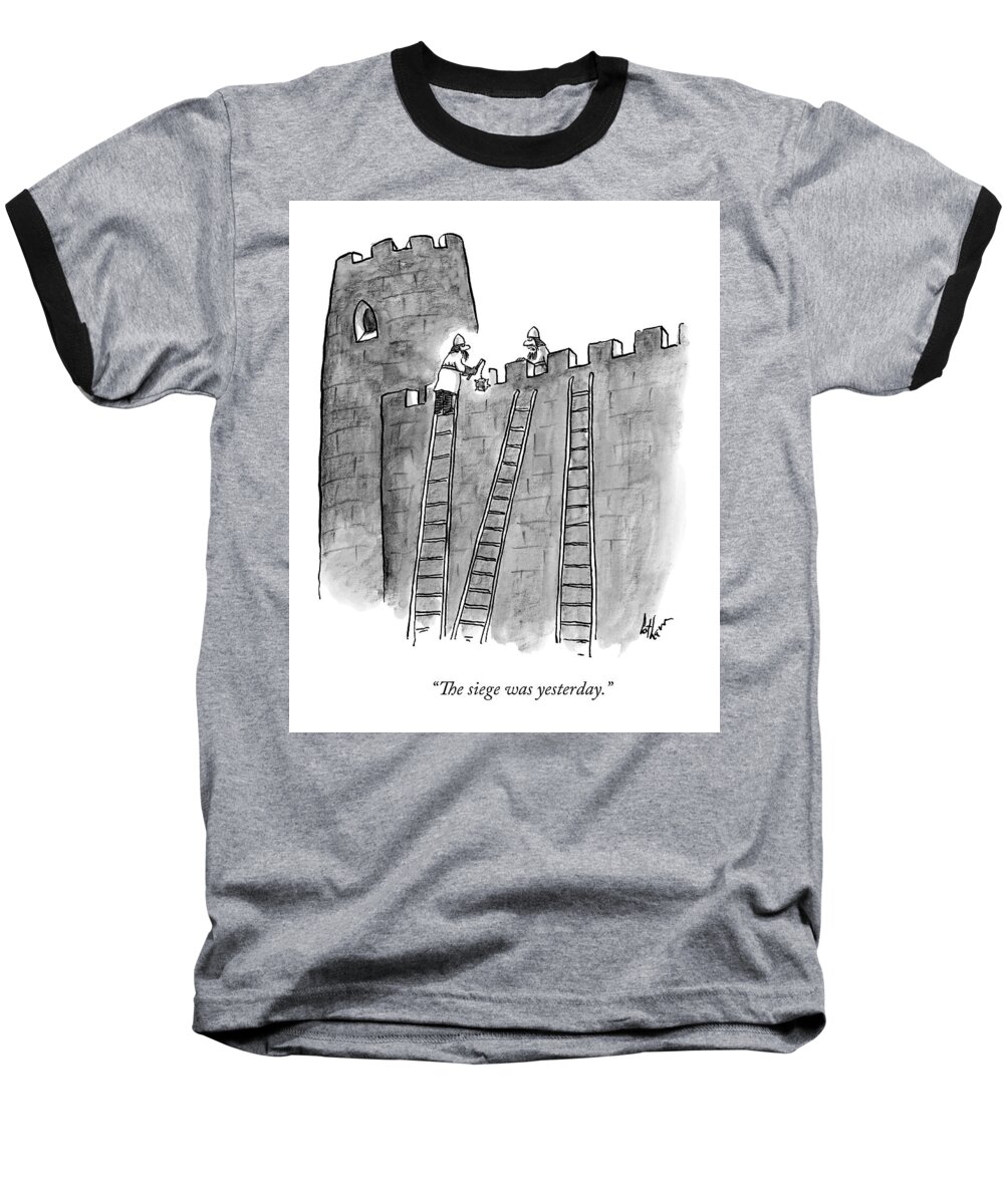 Sieges Baseball T-Shirt featuring the drawing A Lone Medieval Soldier Climbs The Ladder by Frank Cotham