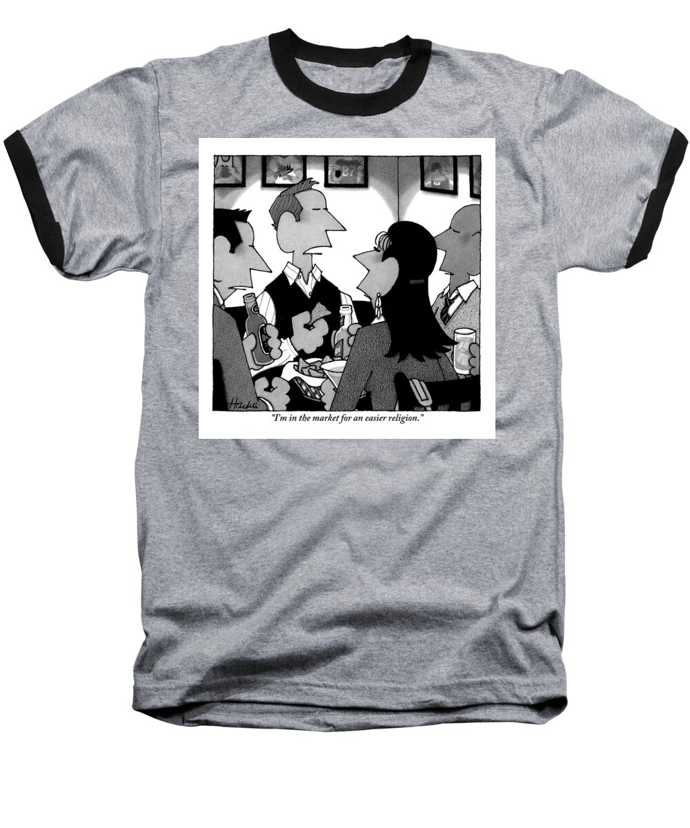 Religion Baseball T-Shirt featuring the drawing A Man Talks With Another Man And Woman At A Table by William Haefeli