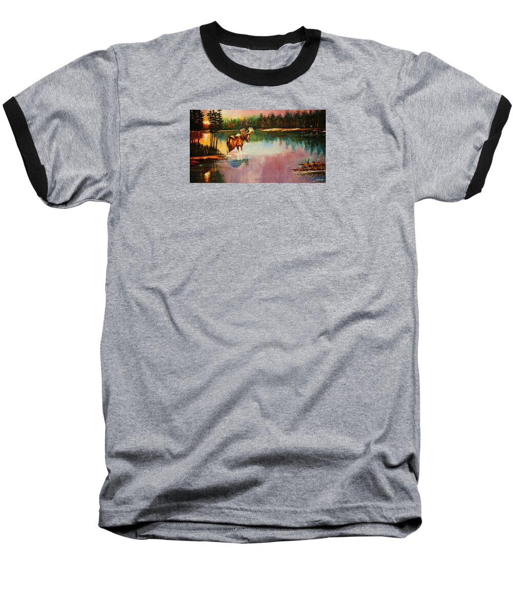 Moose Baseball T-Shirt featuring the painting A Pause Before Crossing by Al Brown